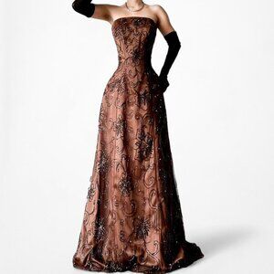 Vintage Brown Floral Beaded Strapless Fit Flared Mesh Maxi Formal Prom Dress M